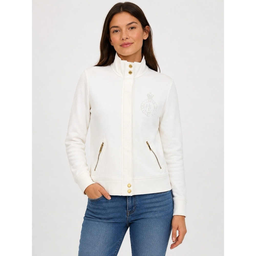 Lauren Ralph Lauren White Crest Zip Mock Neck Sweatshirt Petite P/P